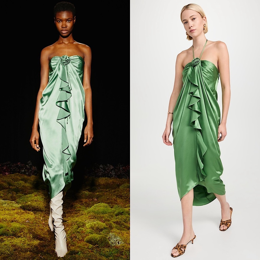 NWT CINQ A SEPT Pistachio Silk‎ Satin Rosette Halter Neck Ruffle Cocoon Dress 10